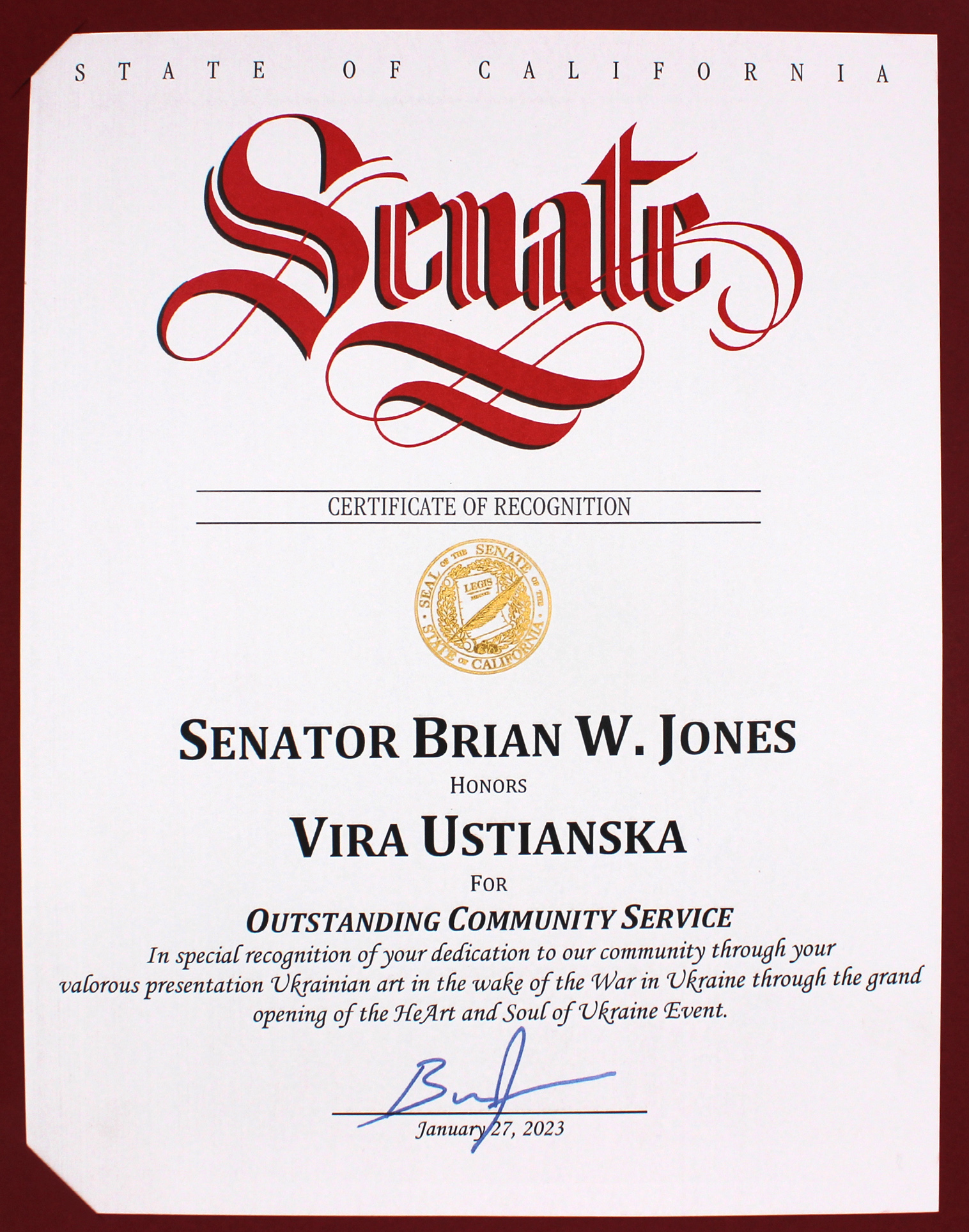 Award from Senator Brian W. Jones Exhibition 0f Ukrainian Artists 2023